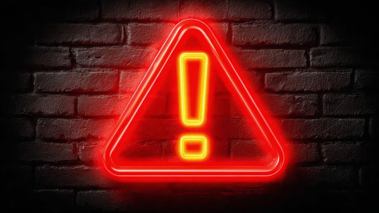 Bright Neon Warning Sign Illuminates a Dark Brick Wall, Emphasizing Caution with a Striking Red Triangle and Bold Exclamation Mark Symbol in Two Distinct Frames