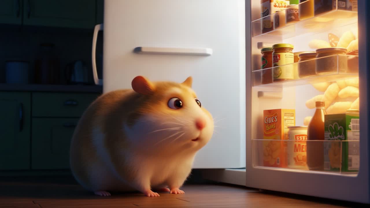 A Curious Hamster Stands Before a Fridge, Intrigued by the Light and Assorted Treats Within, Ready to Embark on a Mischievous Midnight Adventure