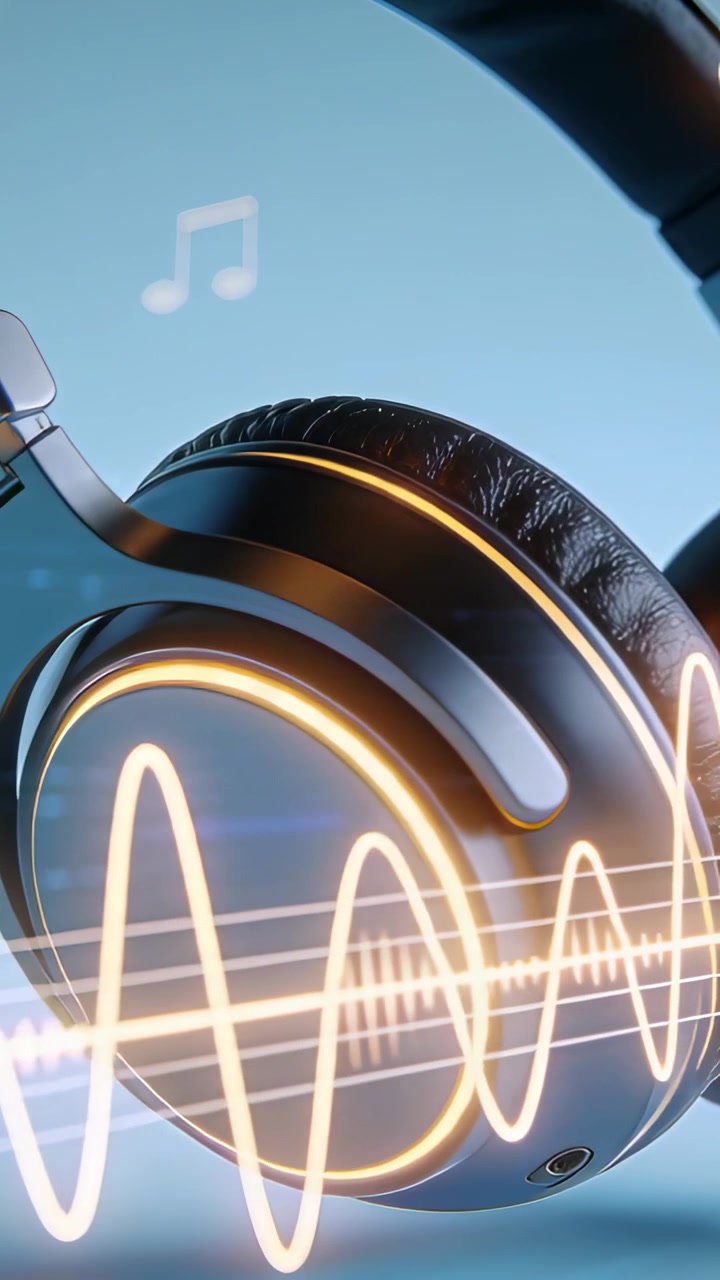 Video verticale: riproduzione che inizia, padiglione auricolare over-ear con anello dorato pulsante e forma d'onda su sfondo blu.
