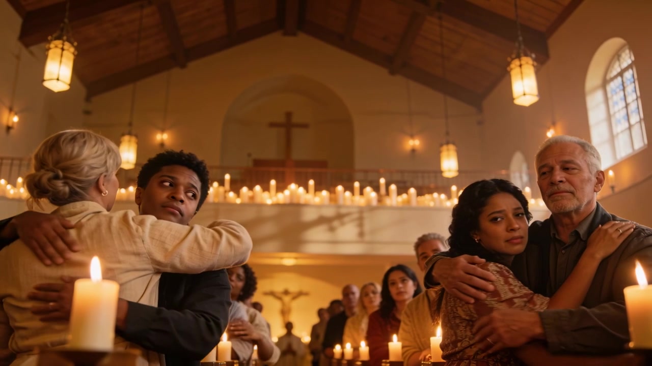 Hugging congregants comforting each other after vigil in church with lit candles and cross
