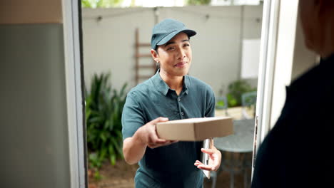 delivery person handing a package to a customer at their door