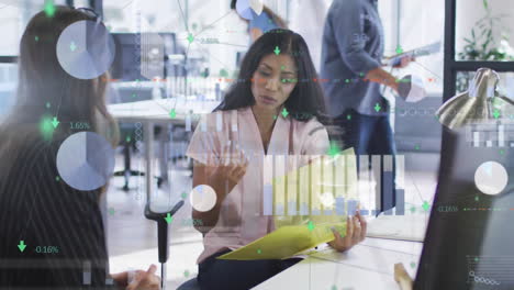 Animation-of-multiple-graphs-and-trading-board-over-diverse-female-coworkers-discussing-reports