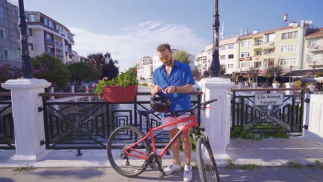 young man riding a bike in the city.