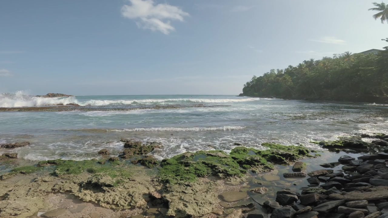 Dari sudut pandang pantai yang terisolasi, ombak putih menyebar di atas platform karang yang tertutup alga, dengan perairan dangkal berwarna pirus dan tanjung berhutan dekat Mirissa di pesisir selatan Sri Lanka.