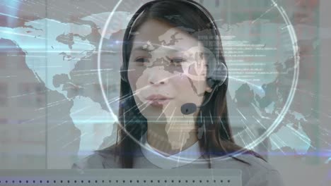 Animation-of-networks-of-connections-with-icons-over-businesswoman-using-phone-headsets