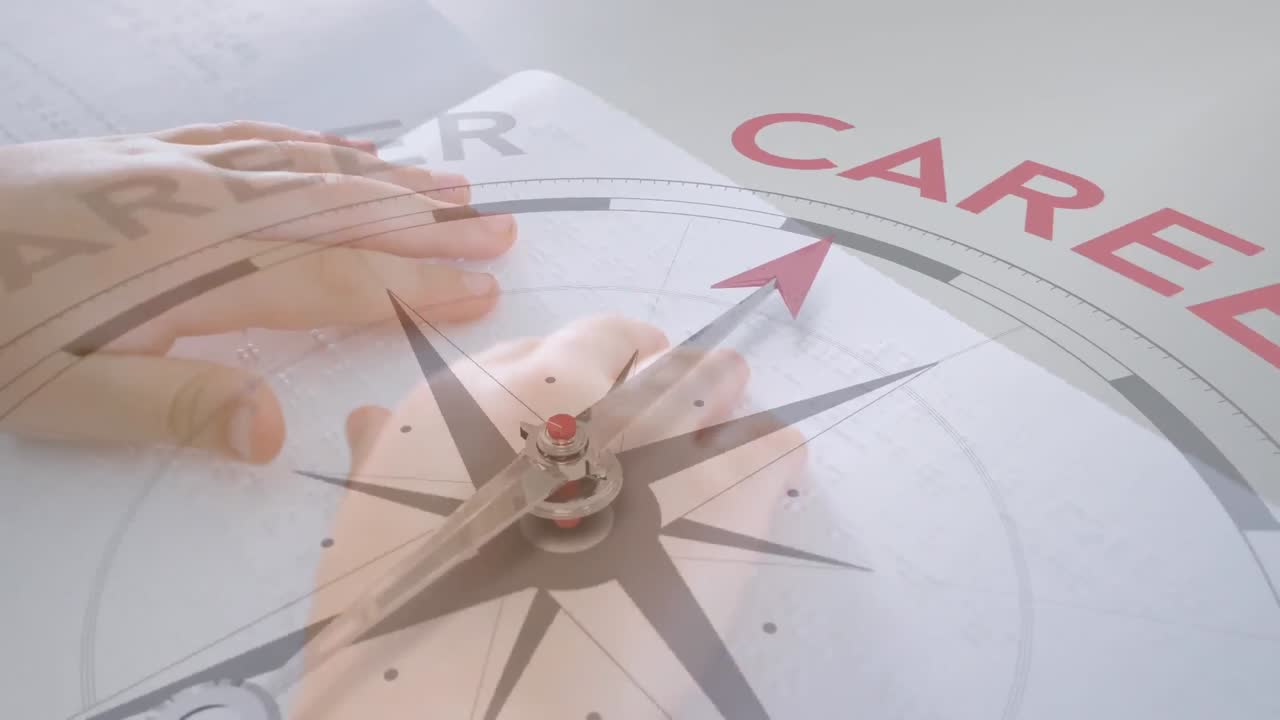 animación de una brújula con texto sobre un niño caucásico que lee braille