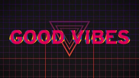 animation of good vibes text over grid on dark background