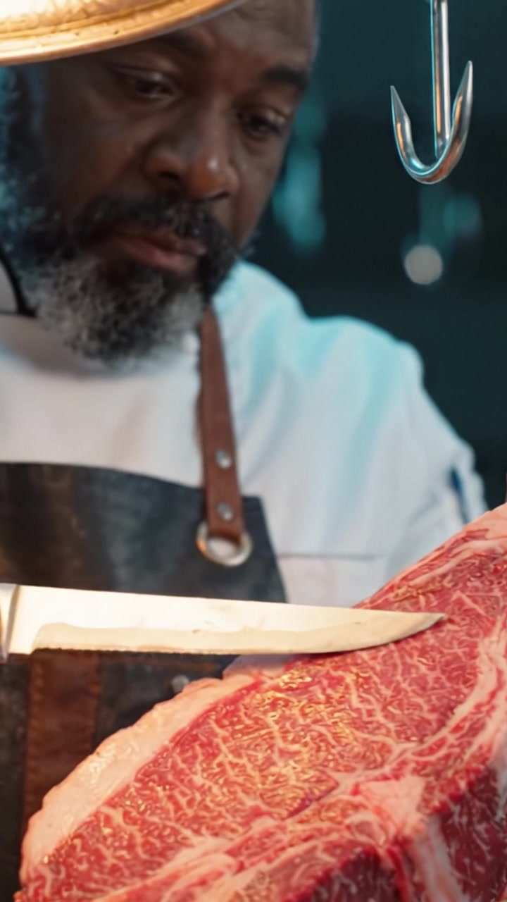 Expertly Handled Ribeye Steak: A Glimpse into Culinary Precision and Butchery Skills Throughout the Process of Selecting Quality Meat Cuts