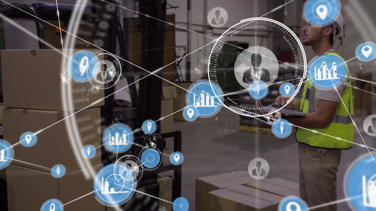 Animazione di una rete di connessioni su un uomo che lavora in magazzino.