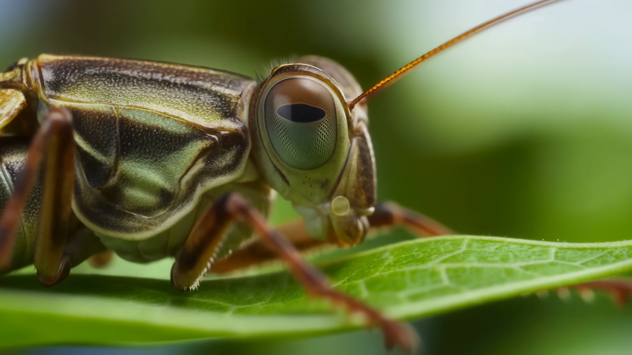 Closeup Grasshopper On Green Leaf, Macro Portrait Showcasing Glossy Compound Eye And Long Antenna, Fine