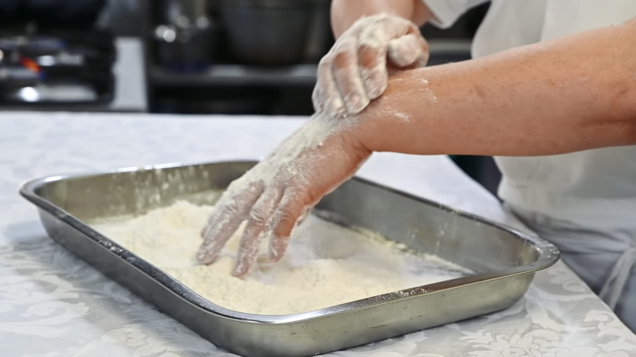 Cook covering her hands with wheat flour. Slow motion
