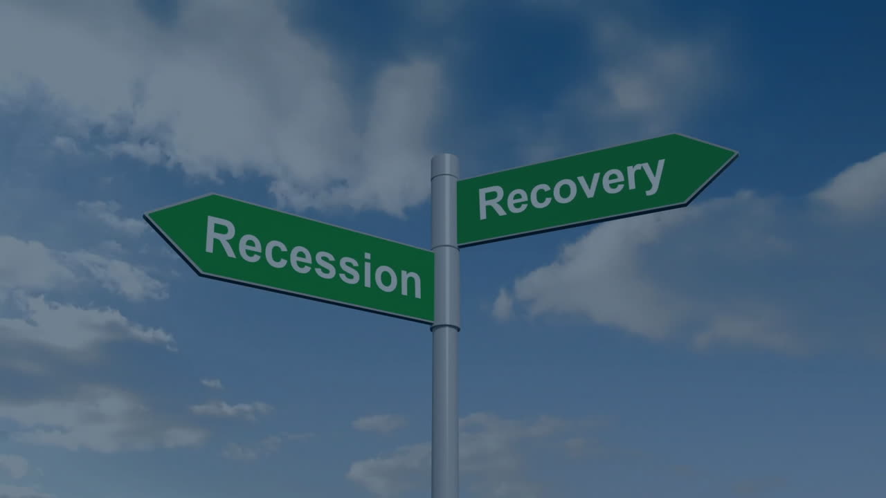 Metallic signpost showing recession and recovery arrows against cloudy sky, rendered in flat design
