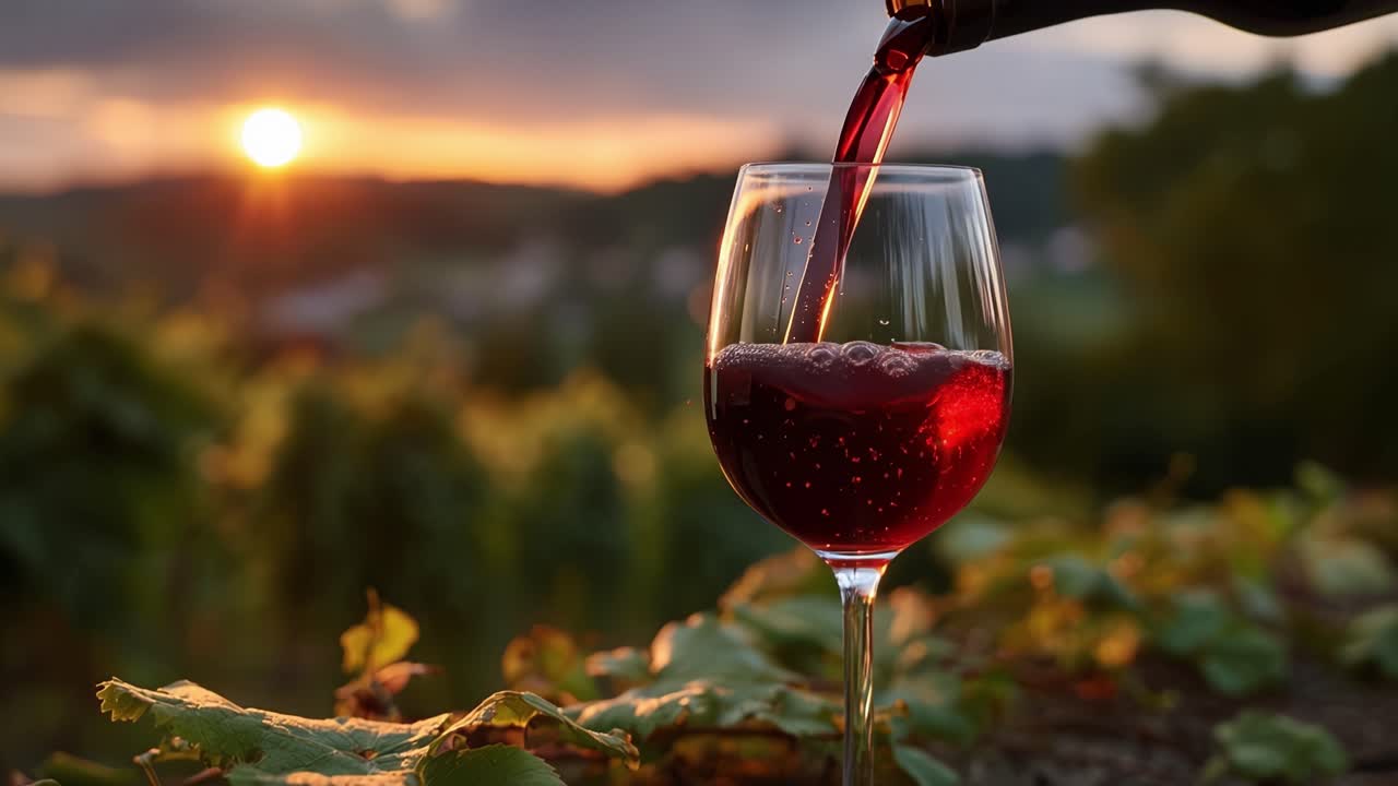 Sonnenuntergang gießt Wein in ein Glas. Reben erstrecken sich unter goldenem Licht. Flüssigkeit fließt anmutig, reich und tief. Gelassenheit hallt in der stillen Luft wider. Perfekt für Luxus-Weinwerbung
