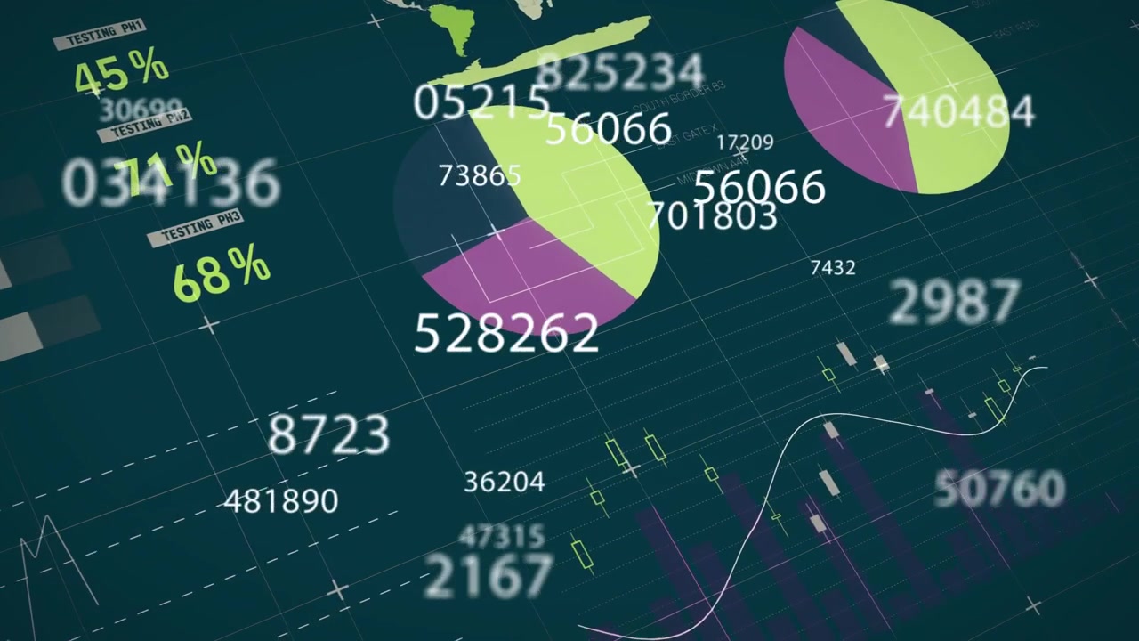 Animazione di elaborazione dati finanziari su sfondo scuro