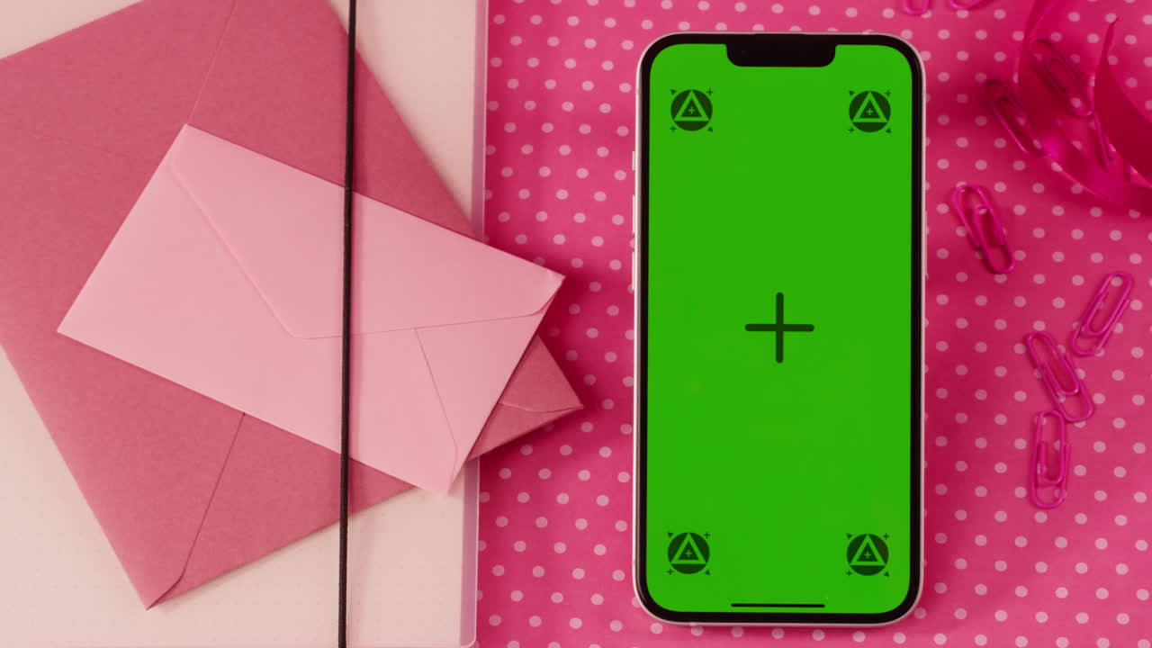 Pink arbejdsområde med smartphone og green screen