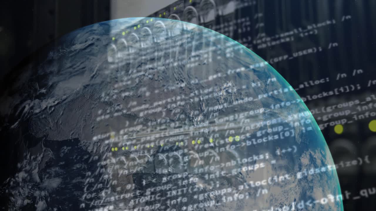 Animation of globe and data processing against close up view of computer server