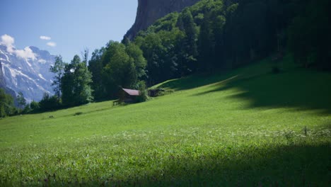 lush green meadows of staubbach falls inside valley in lauterbrunnen in 4k