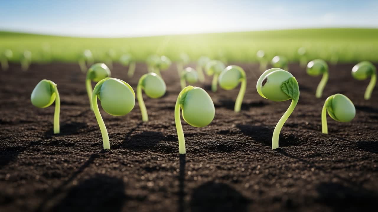 Green Sprouts Emerging from Dark Soil in a Sunny Field