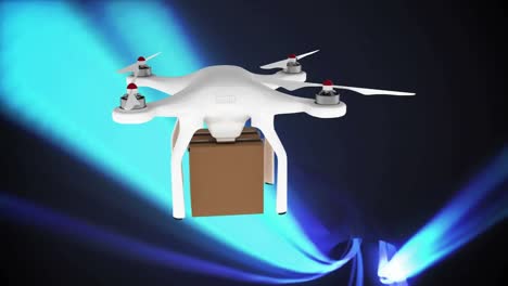 animation of a drone with a parcel flying on the black background with blue lights