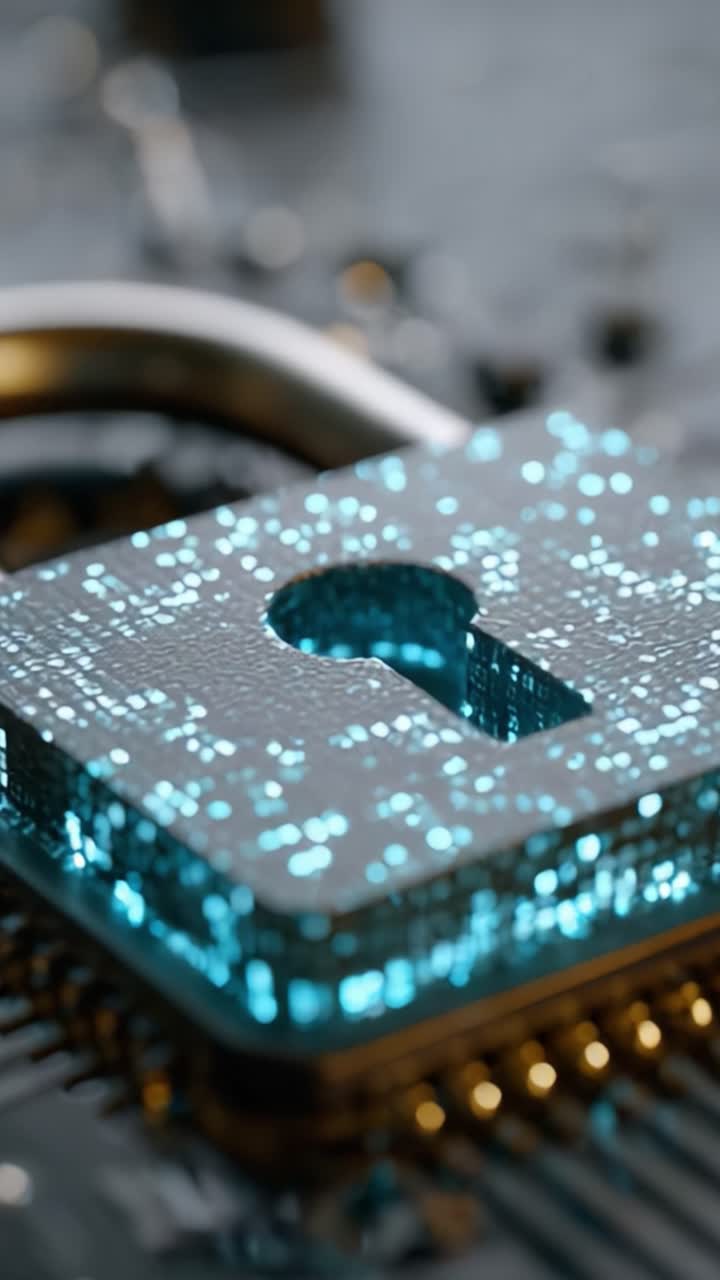 Exploring the Intricacies of Digital Security: A Close-Up of a Futuristic Lock Against a Background of Circuitry and Data Patterns