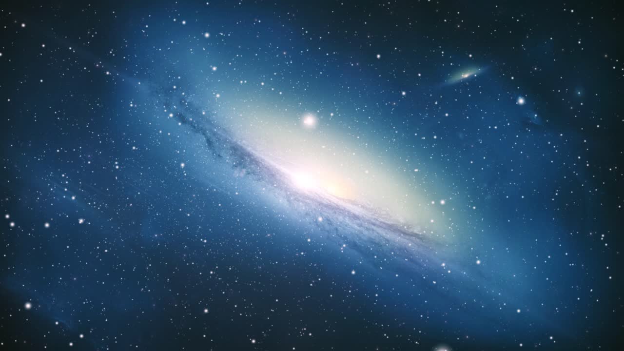 우주에서 움직이는 은하 한가운데 밝은 빛