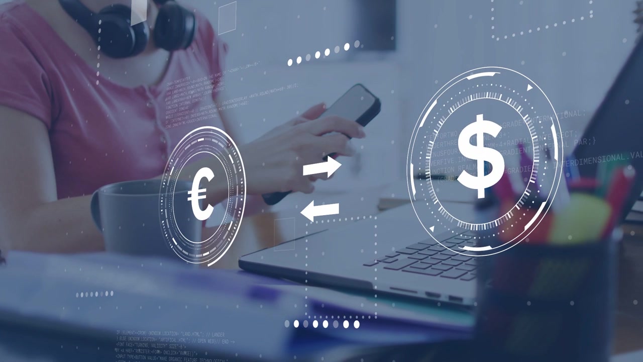 Woman tapping phone then typing on laptop, activating currency HUD with € $ arrows for finance