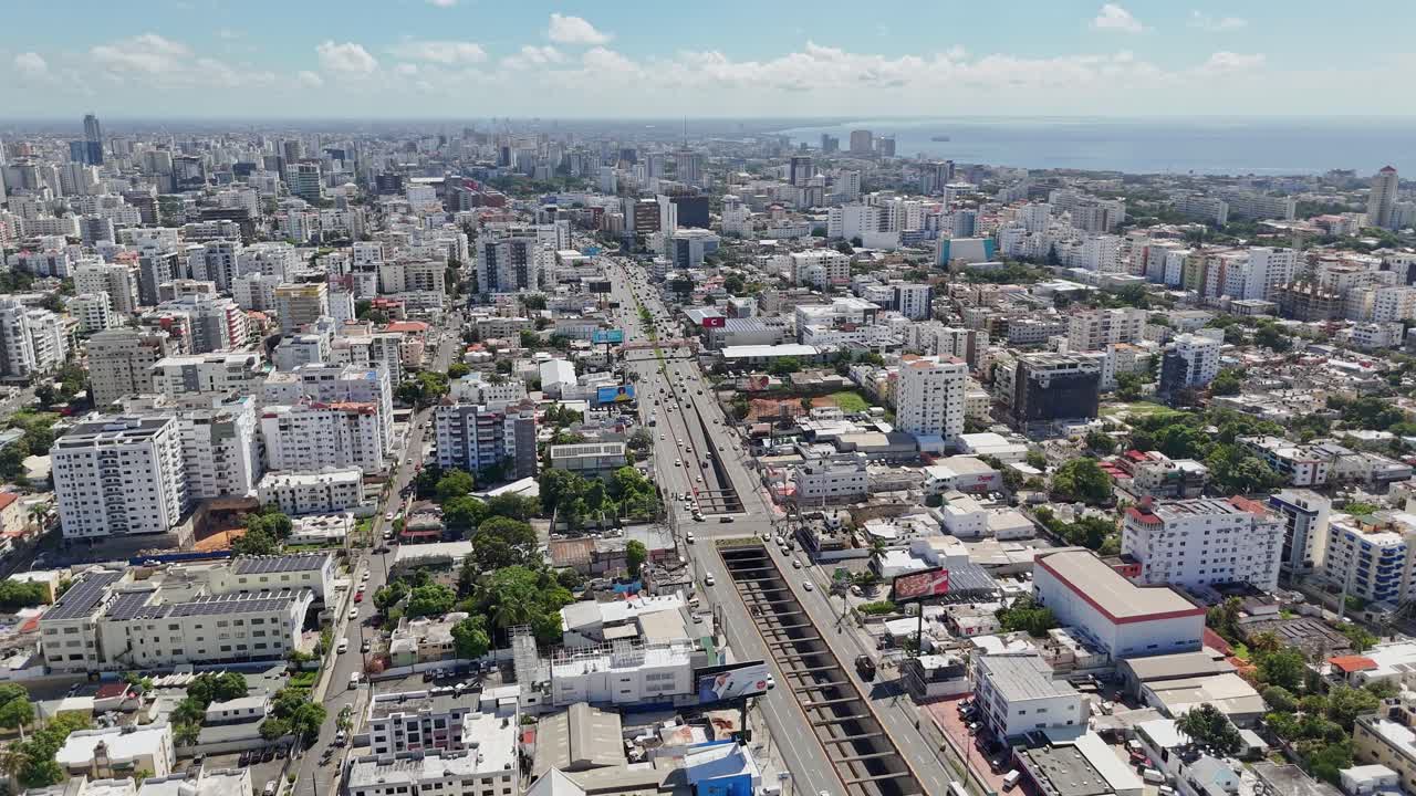 Drone view of 27 de Febrero Avenue. Main roads in the city of Santo Domingo in the Dominican Republic.