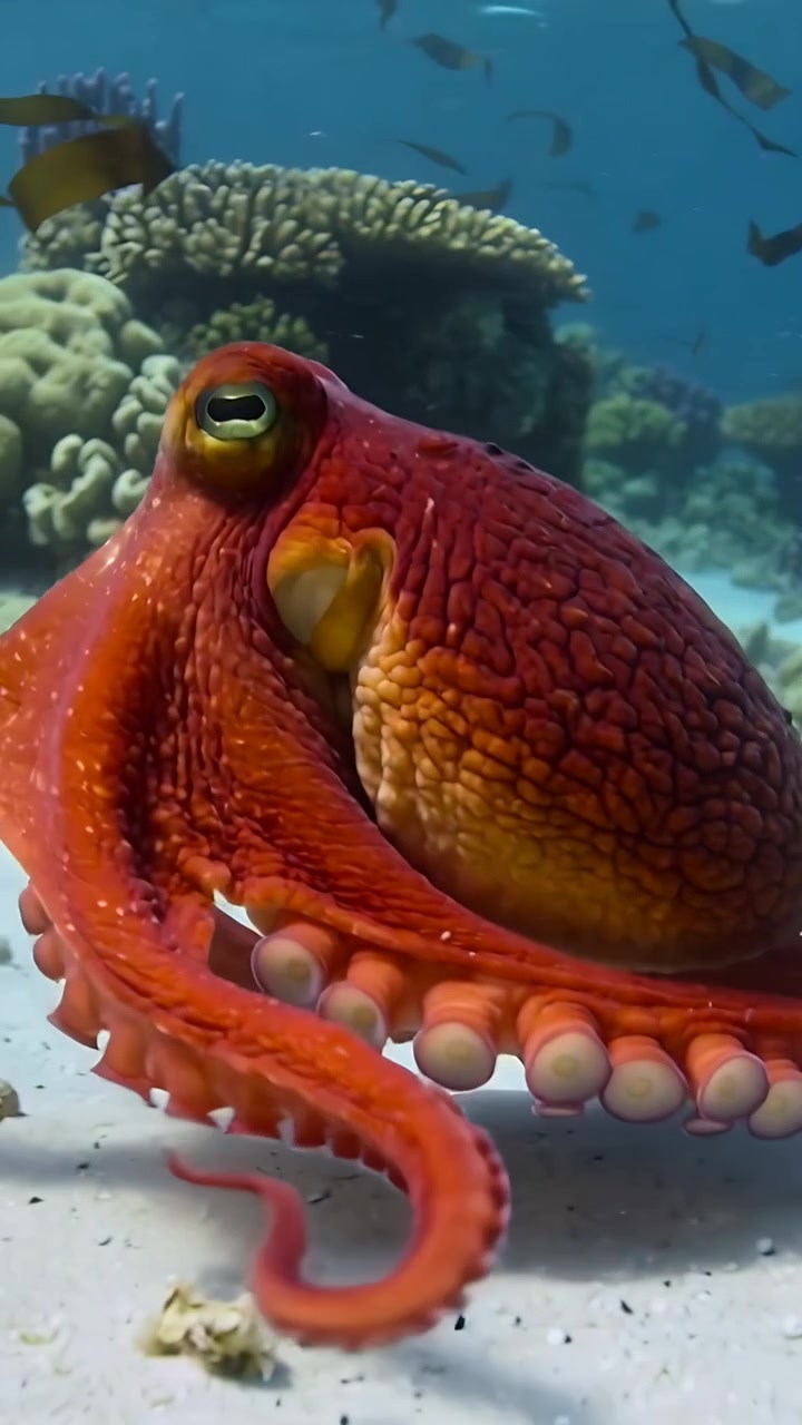 Video verticale: Alga kelp alla deriva che stimola un polpo ad estendere i tentacoli con ventose verso il corallo attraverso la sabbia