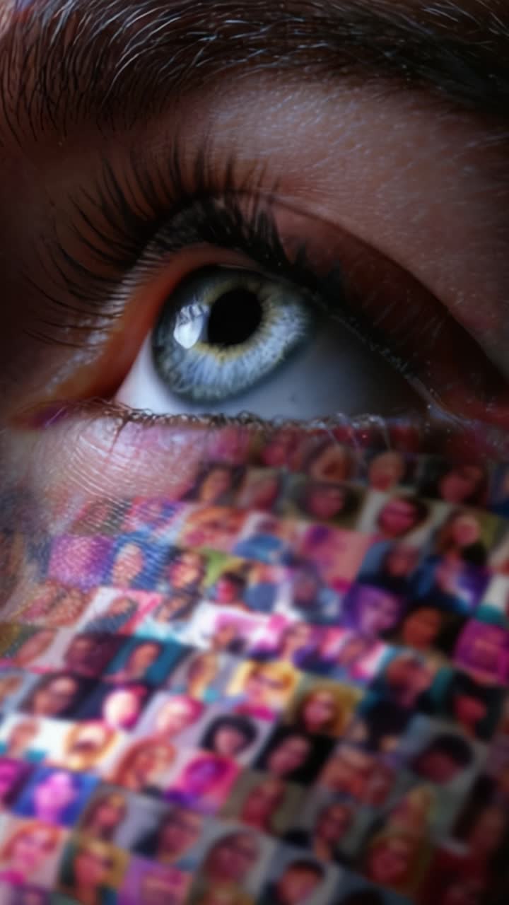 A Close-Up of an Eye Overlaid with a Mosaic of Diverse Faces, Representing Unity and Connection in a Colorful Digital Landscape of Humanity