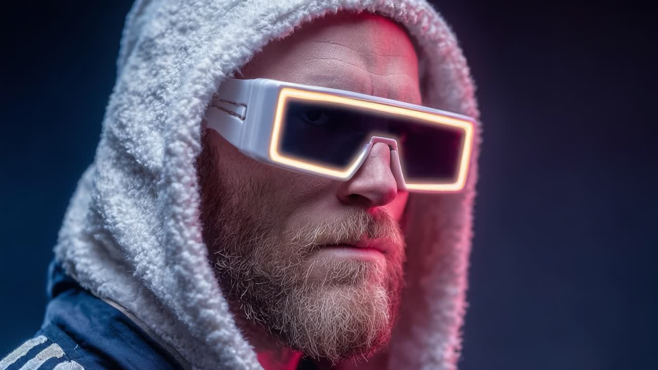 A close-up of a stylish individual wearing futuristic glowing sunglasses and a cozy hooded jacket, showcasing a unique blend of urban fashion and tech-inspired aesthetics