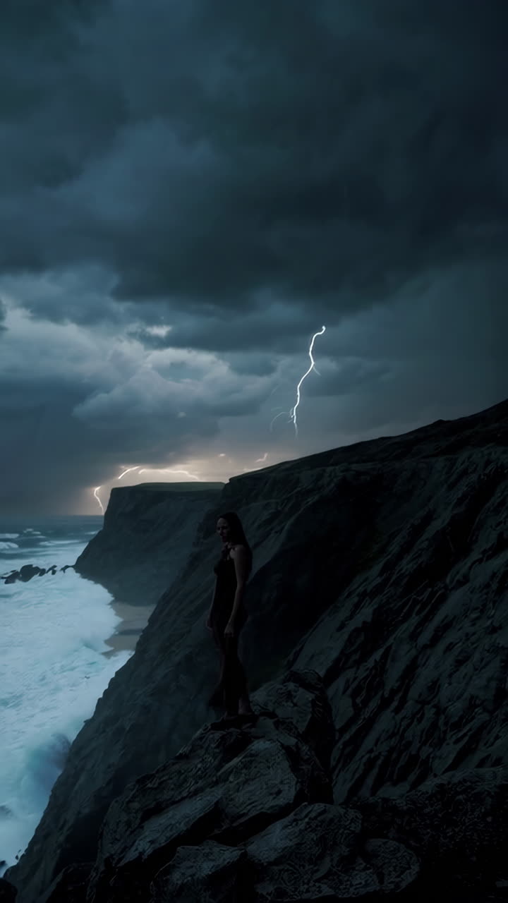 Stormy Ocean Seascape with Woman on Cliff
