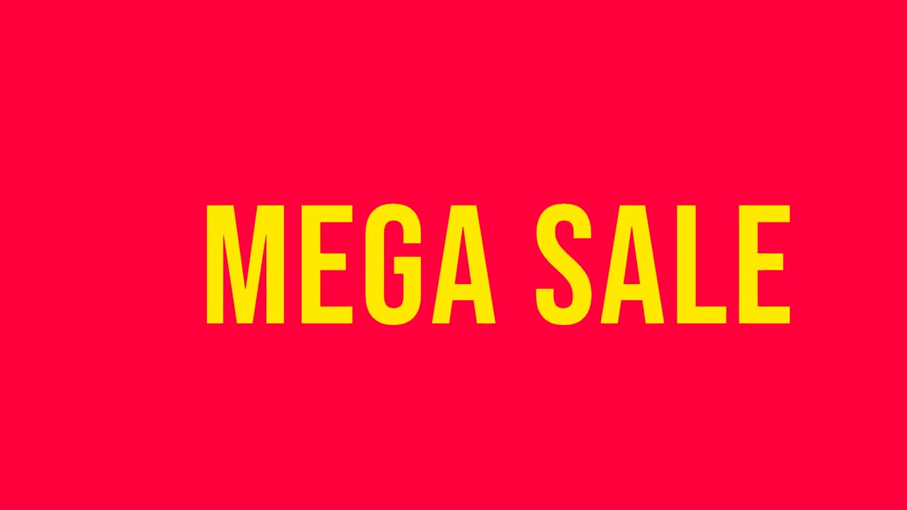 Animazione testuale 'Mega Saldi' in grassetto su sfondo rosso vibrante. Grafica animata promozionale accattivante ideale per annunci al dettaglio, banner e-commerce, campagne sui social media, sconti e video di marketing