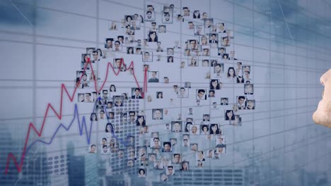 animation of financial data processing over photos of group of business people