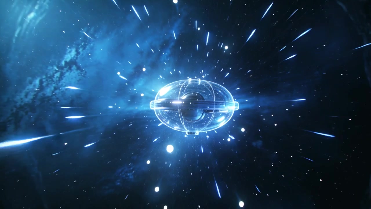 Reacting to motes, glowing orb rotating and brightening core near blue nebula, emitting streaks