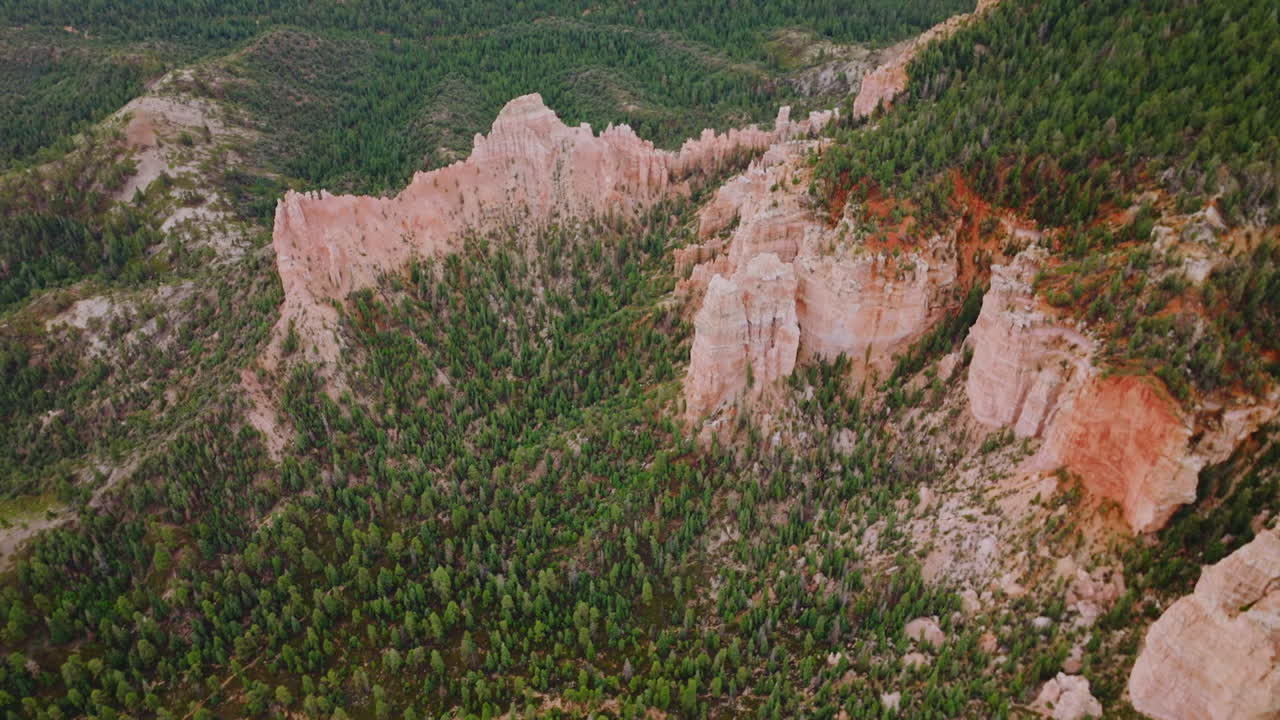 Bare rocks peeking out from the green pine tree forest. Beautiful Bryce Canyons in Utah, USA from aerial perspective.