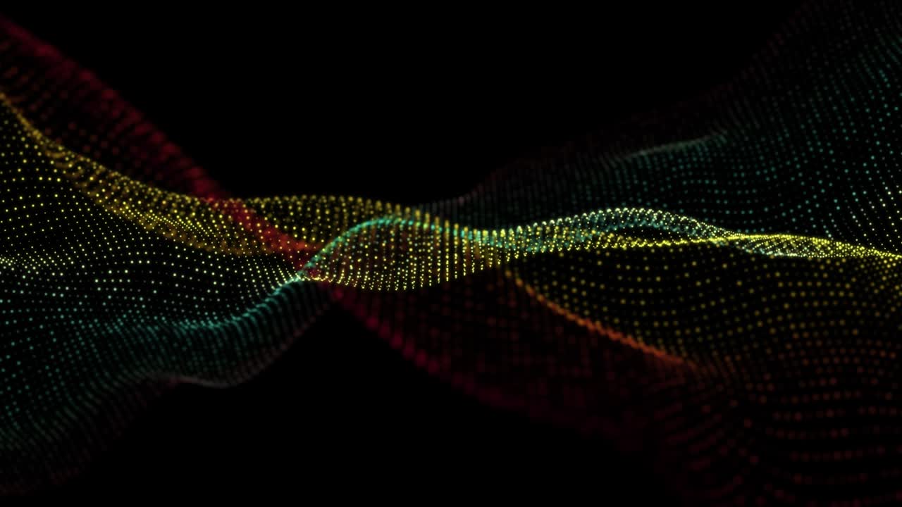 4K, Data movements of dust particles floating in infinity, Seamless Loop. Technology digital wave background concept.Beautiful motion waving dots texture with glowing defocused particles. Cyber or technology background. Multi Colored