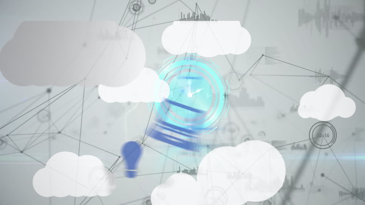 анимация быстро движущихся часов через цифровые облака и сеть соединений