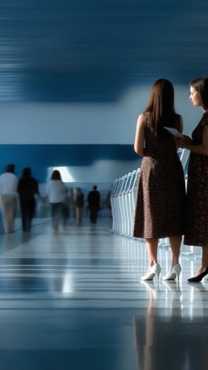 Una scena urbana dinamica catturata in movimento: persone che si muovono attraverso un moderno snodo di trasporto con messa a fuoco morbida e sfocatura artistica
