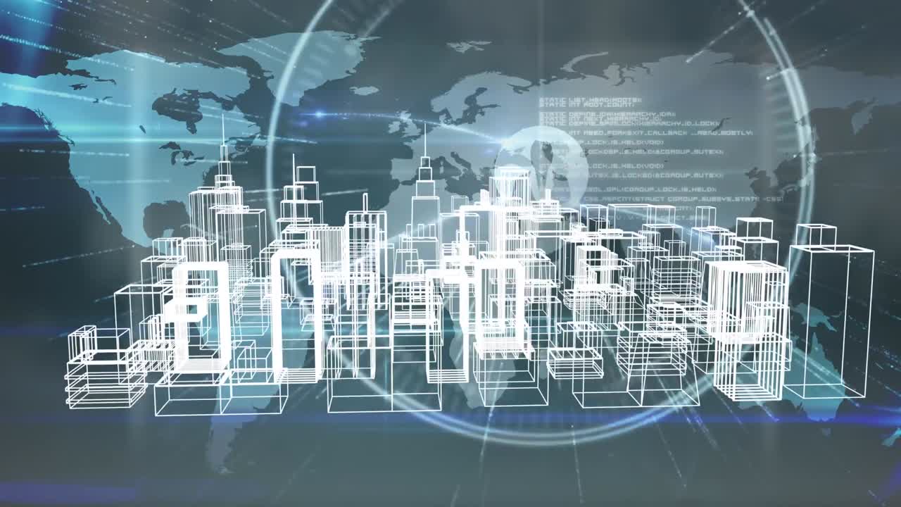 세계 지도 위의 디지털 도시 애니메이션과 다양한 데이터 처리