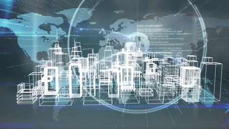 animación de la ciudad digital sobre el mapa del mundo y procesamiento de datos diversos