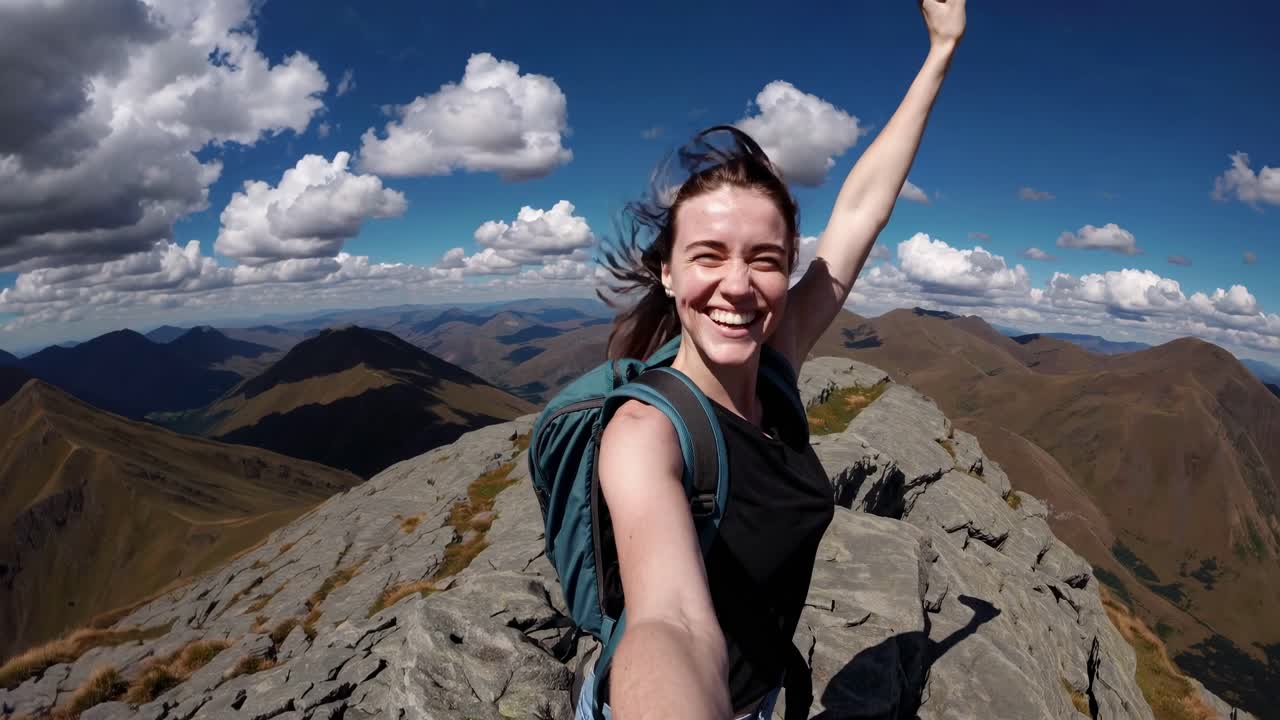 A joyful woman takes a selfie video on a mountain peak
