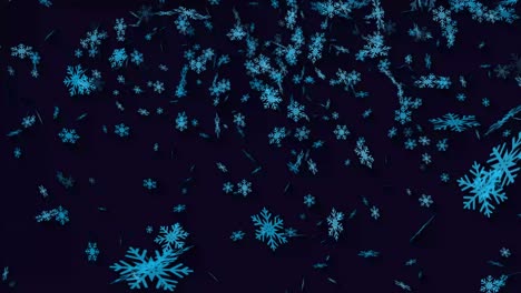 volando dibujos animados grandes y pequeños de color azul claro ahora copos en pantalla azul oscuro. imágenes de nieve cayendo. invierno. filmado en resolución 4k con 60 fotogramas por segundo