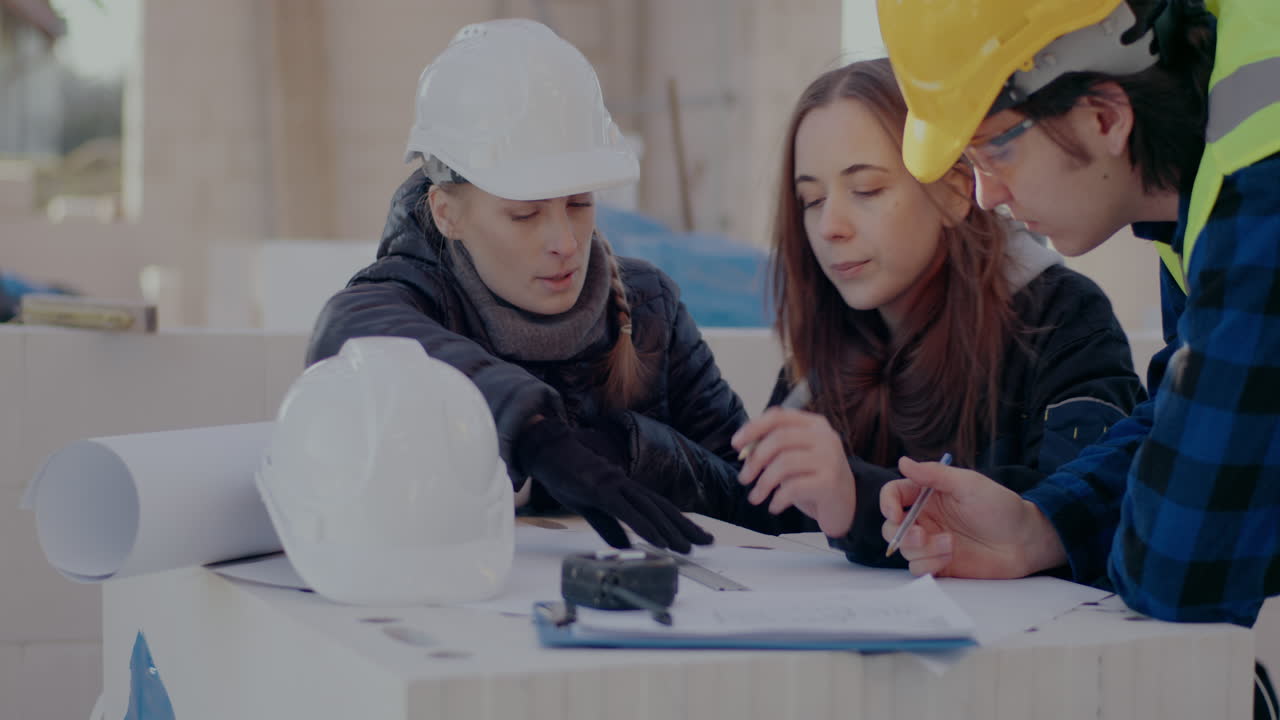 Young architect discussing over blueprint with engineer and building contractor at construction site
