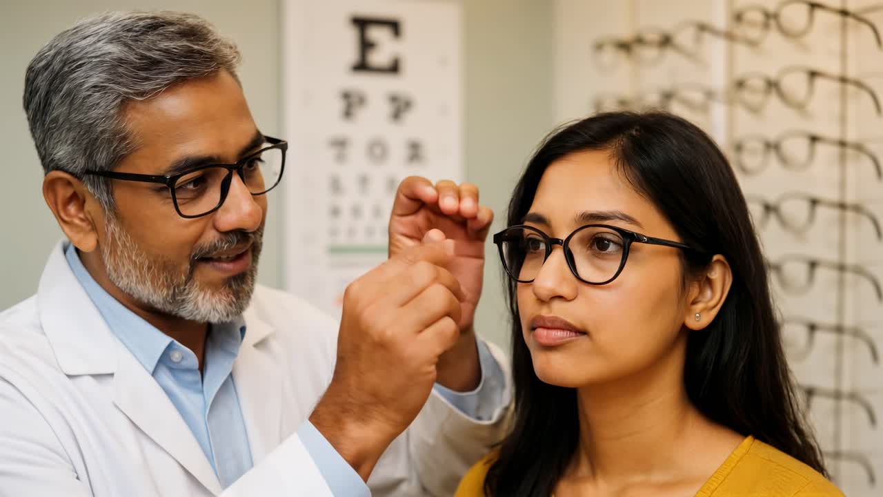 A close-up video captures an optometrist adjusting glasses on a patient