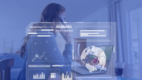 animation of data processing over diverse female teacher and schoolgirl having video call