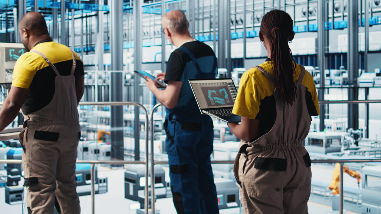 Engineers in industry 4.0 industrial plant controlling automated machinery