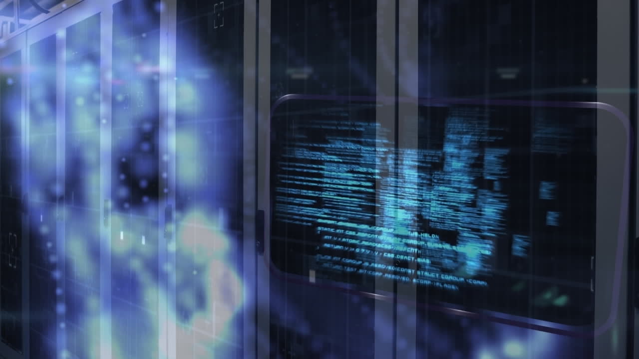 Animation of data processing and blue glowing digital wave against computer server room