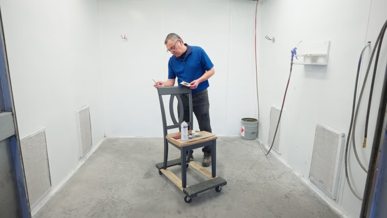 Dolly in highlights older employee painting grey wooden dining chair in booth