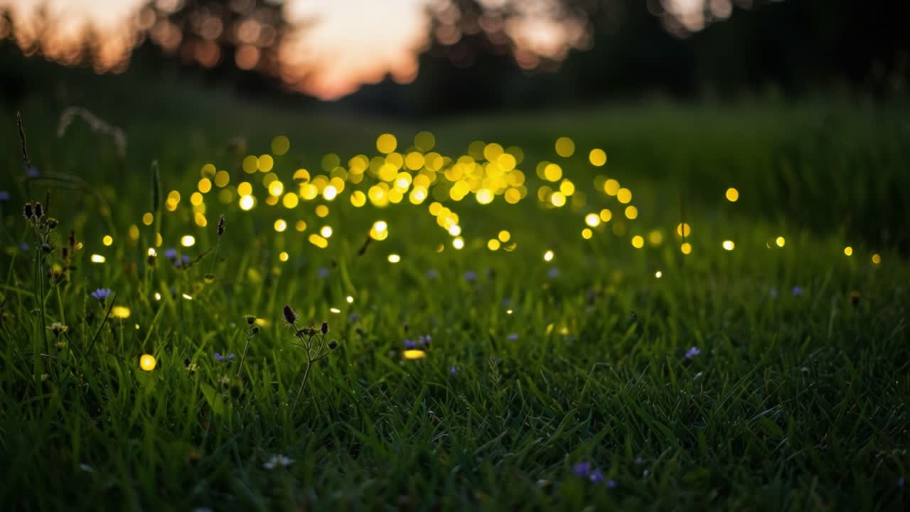 A Magical Evening Glow: Captivating Scenes of Fireflies Illuminating the Grass as the Day Fades into Night, Creating a Dreamlike Atmosphere Full of Enchantment