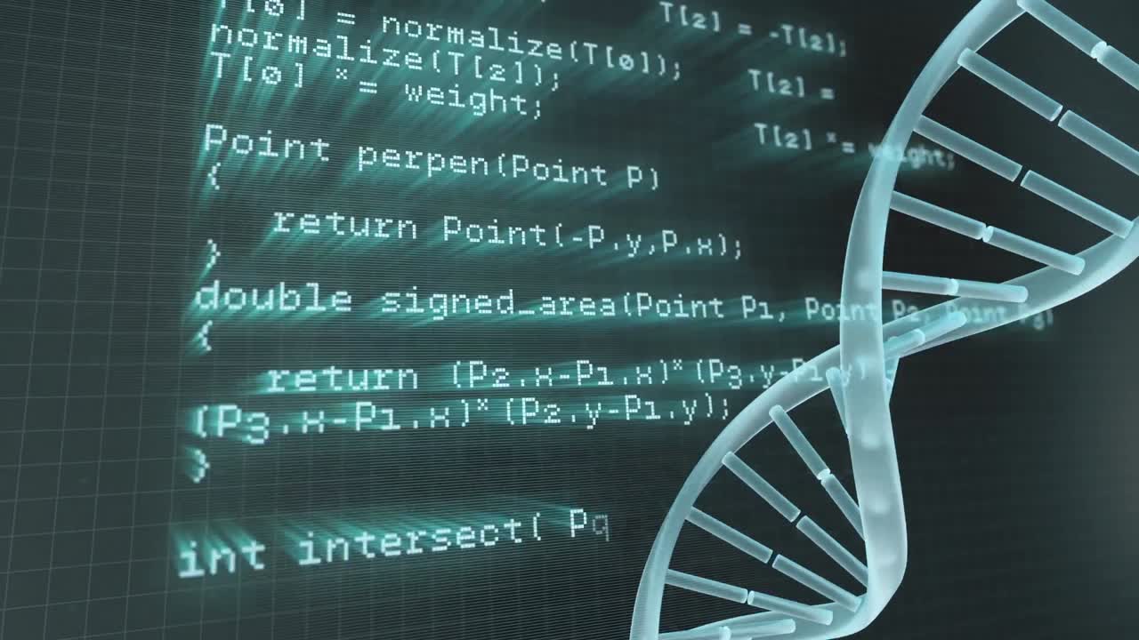 Animation of dna chain over data processing over green and black space